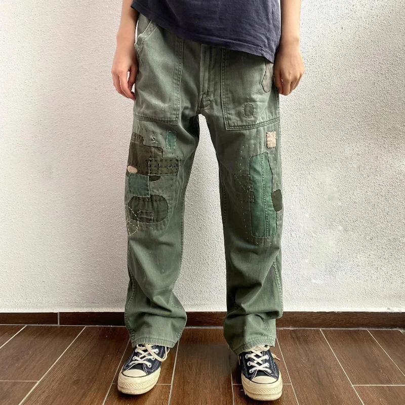Retro Olive Green Patchwork Contrast Cotton Straight-Leg Pants