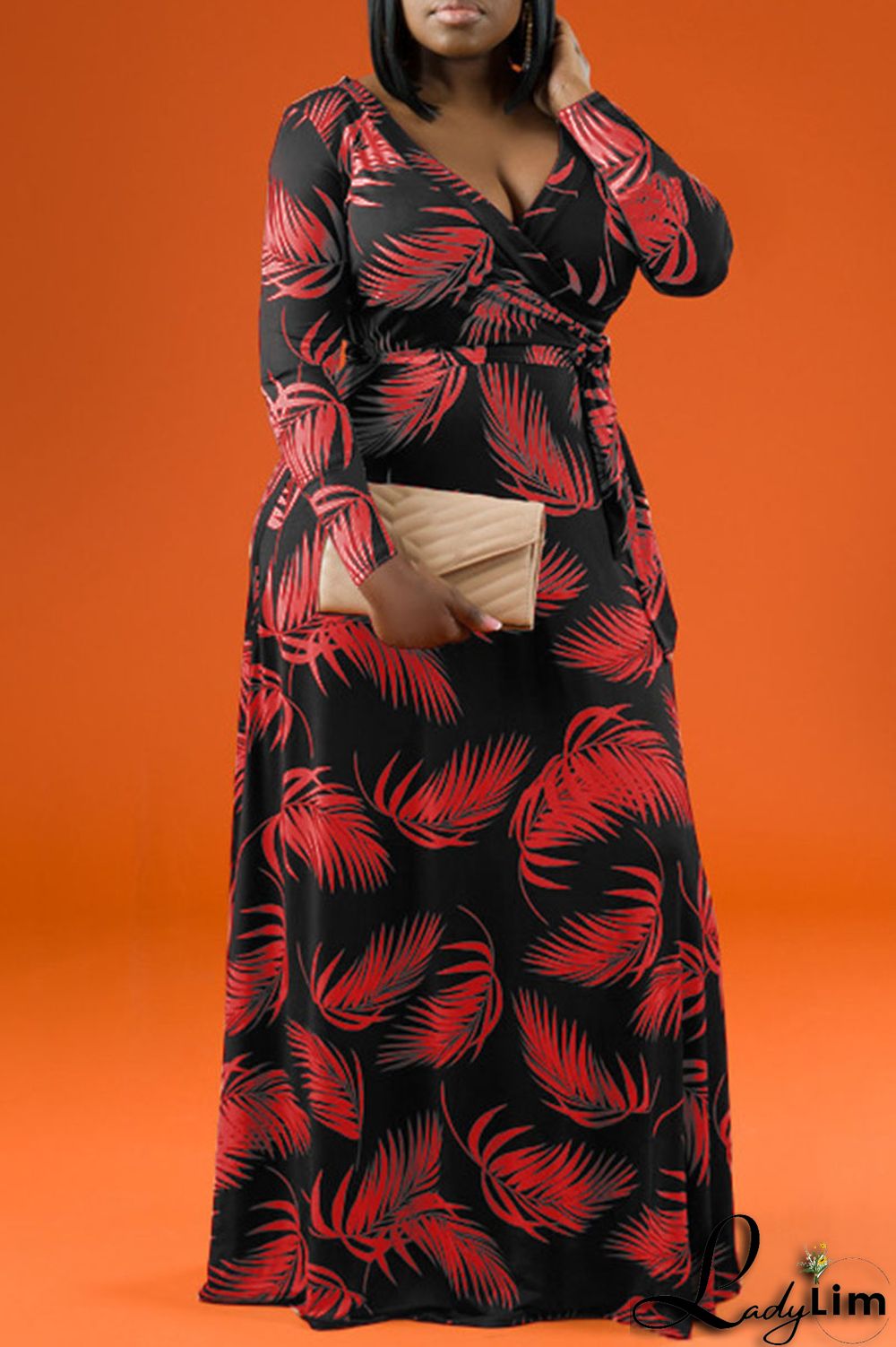 Tangerine Casual Print Patchwork V Neck Straight Plus Size Dresses