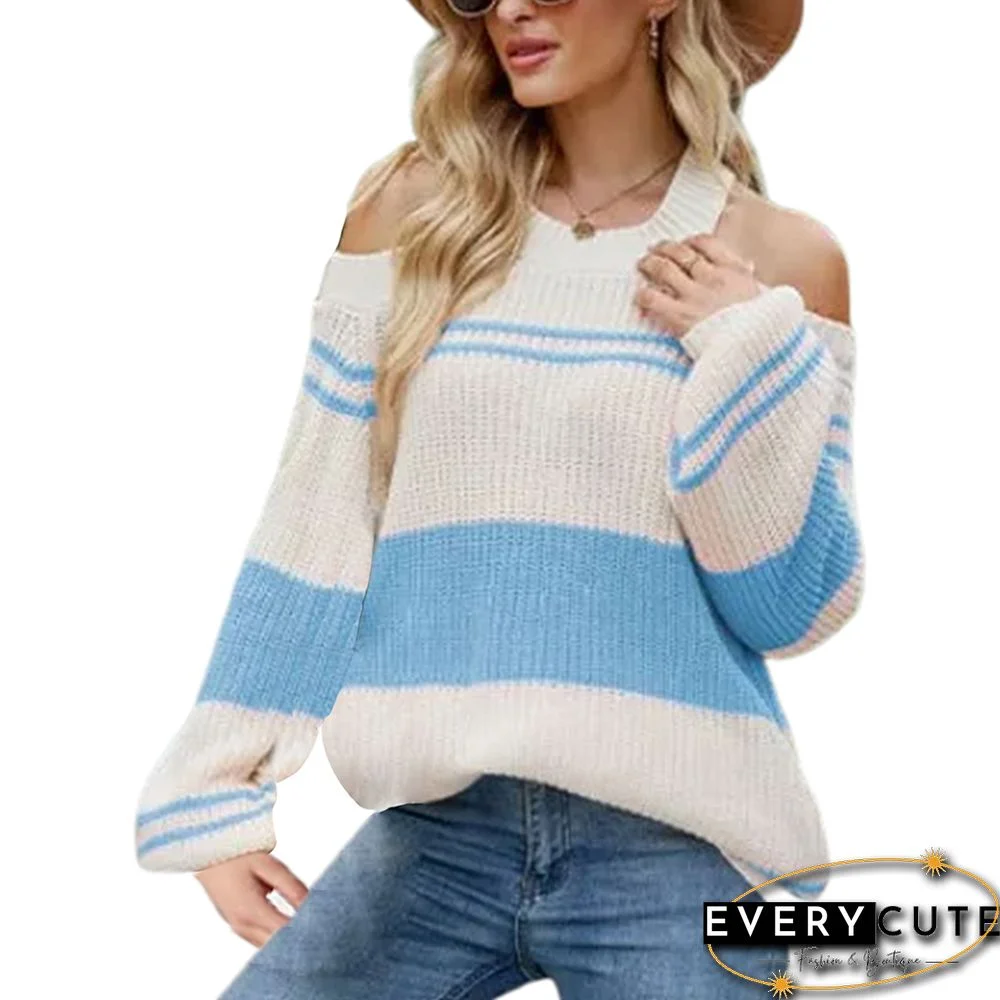 Blue Striped Cold Shoulder Long Sleeve Knit Sweater