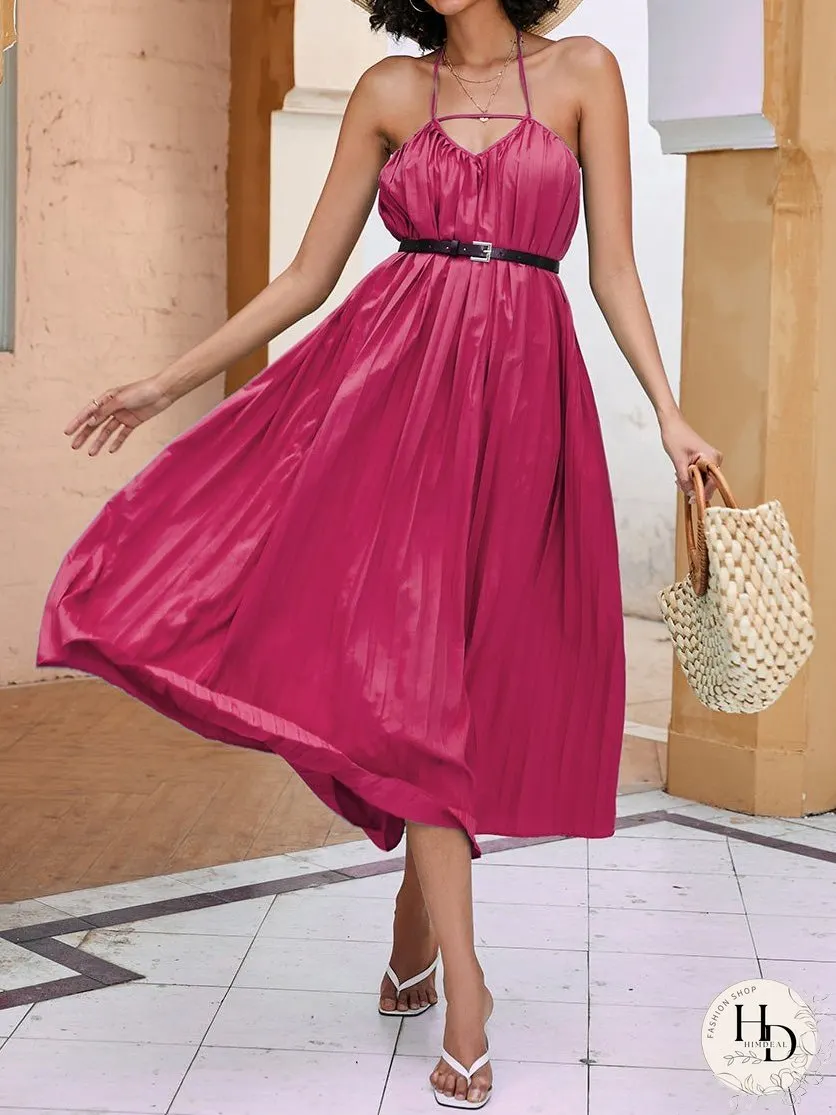 Dresses Solid Hanging Neck Pleated Maxi Dress for Women