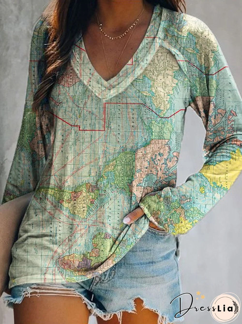 Map Printed V Neck Long Sleeve Casual T-shirt