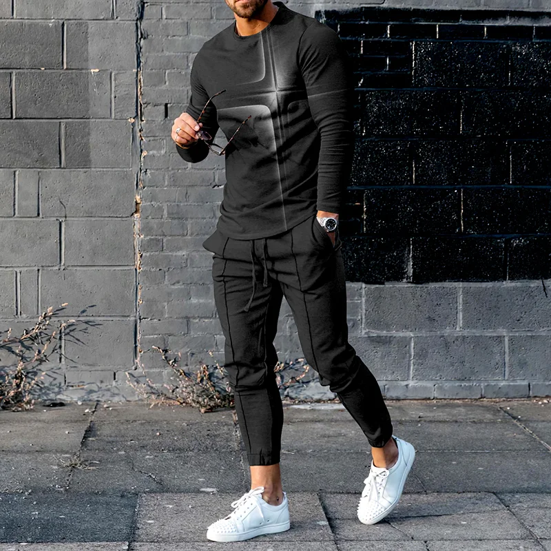 Trendy Four-Pointed Star Gradient Print Long Sleeve T-Shirt And Pants Co-Ord