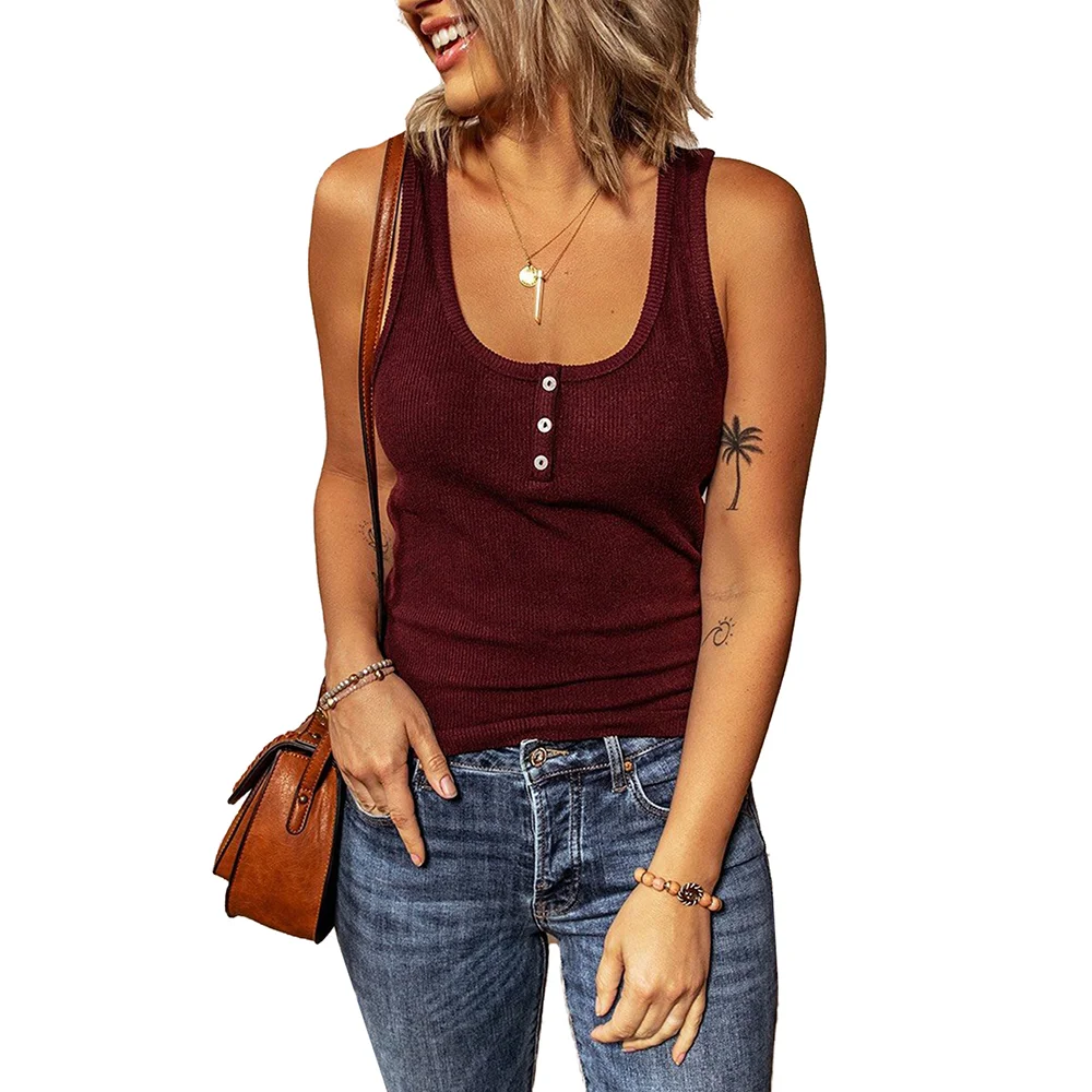 Wine Red Cotton Blend Button Up Tank Top