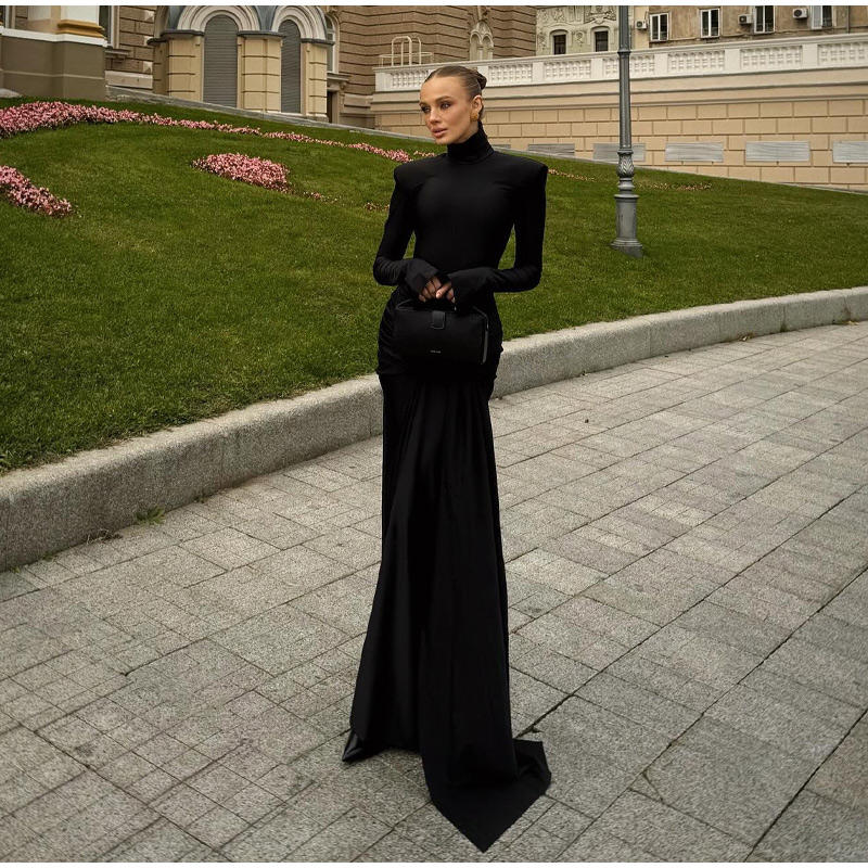 Elegant Black High Neck Bodycon Maxi Dresses Sexy O-neck Long Sleeve Shoulder Pad Lace Up Vestidos 2024 Autumn Lady Party Robes 8 Elegant Black High Neck Bodycon Maxi Dresses Sexy O-neck Long Sleeve Shoulder Pad Lace Up Vestidos 2024 Autumn Lady Party Robes
