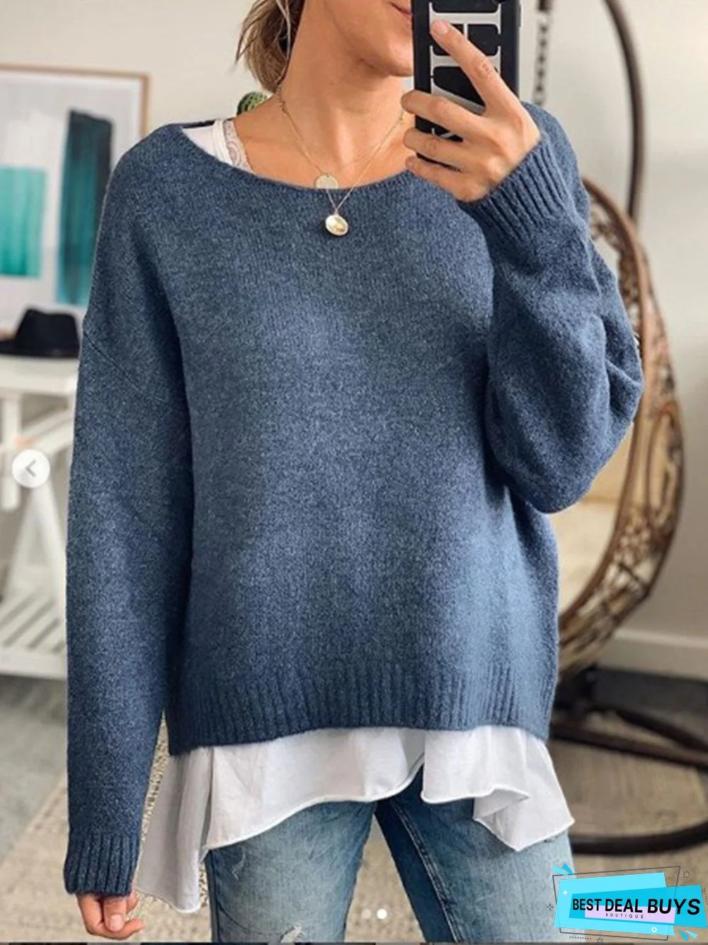 Blue Casual Cotton-Blend Crew Neck Sweater