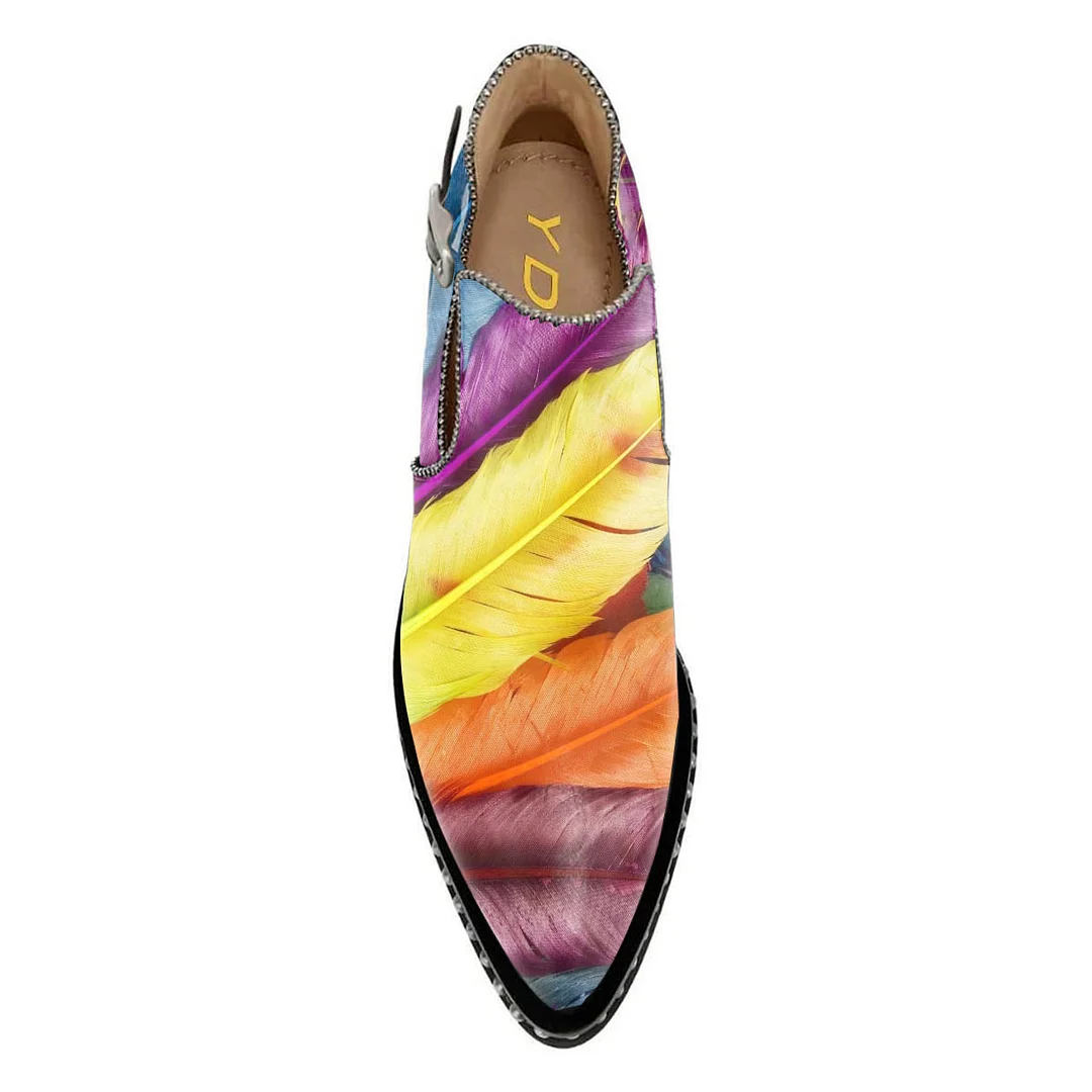 Feather Print Studded Chunky Heel Buckle Strap Short Boots for Women