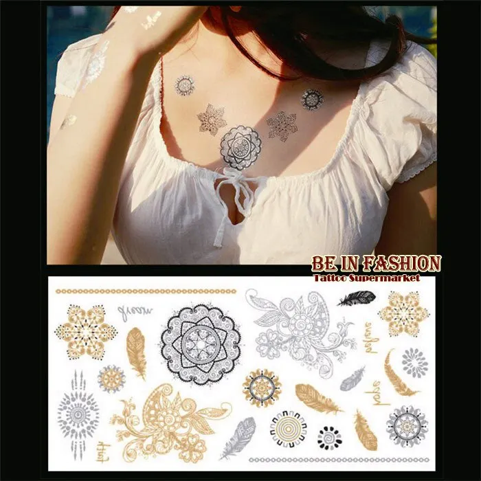 4pcs/lot Temporary Tattoo Sticker Fake Gold and silver Tatoo sheets Flash Henna Tatouage Metallic Tatto Aramex Tatuajes Dorados