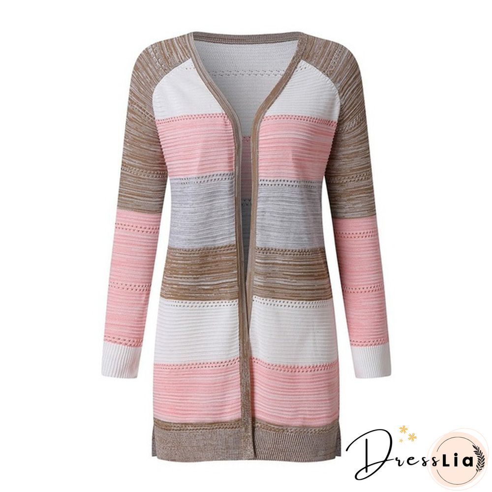 New Fashion Women Cardigan Comfy Stylish Stitching Long Sleeve Striped Patchwork Sweater Female Casual Long Cardigan Autumn Winter Tops