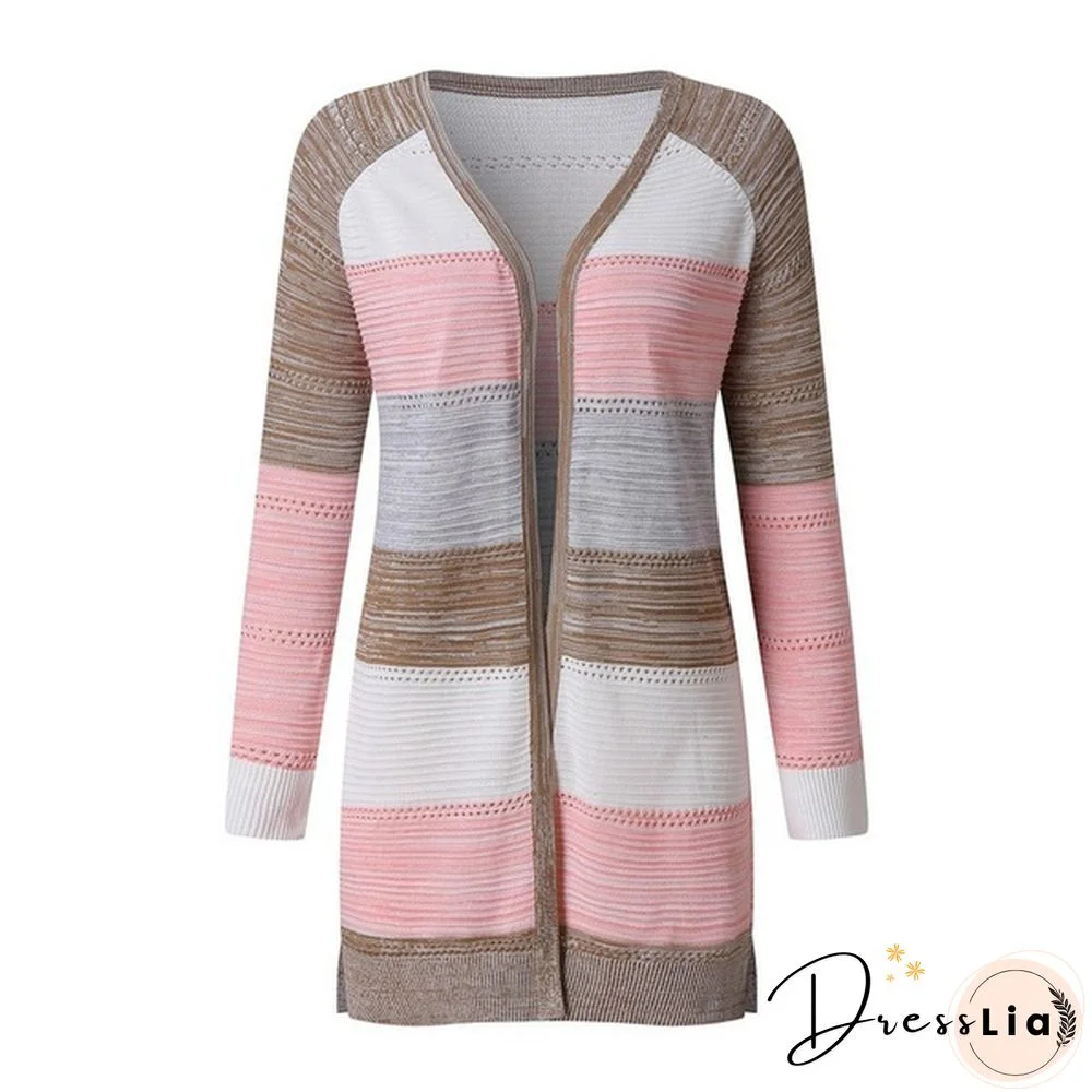 New Fashion Women Cardigan Comfy Stylish Stitching Long Sleeve Striped Patchwork Sweater Female Casual Long Cardigan Autumn Winter Tops