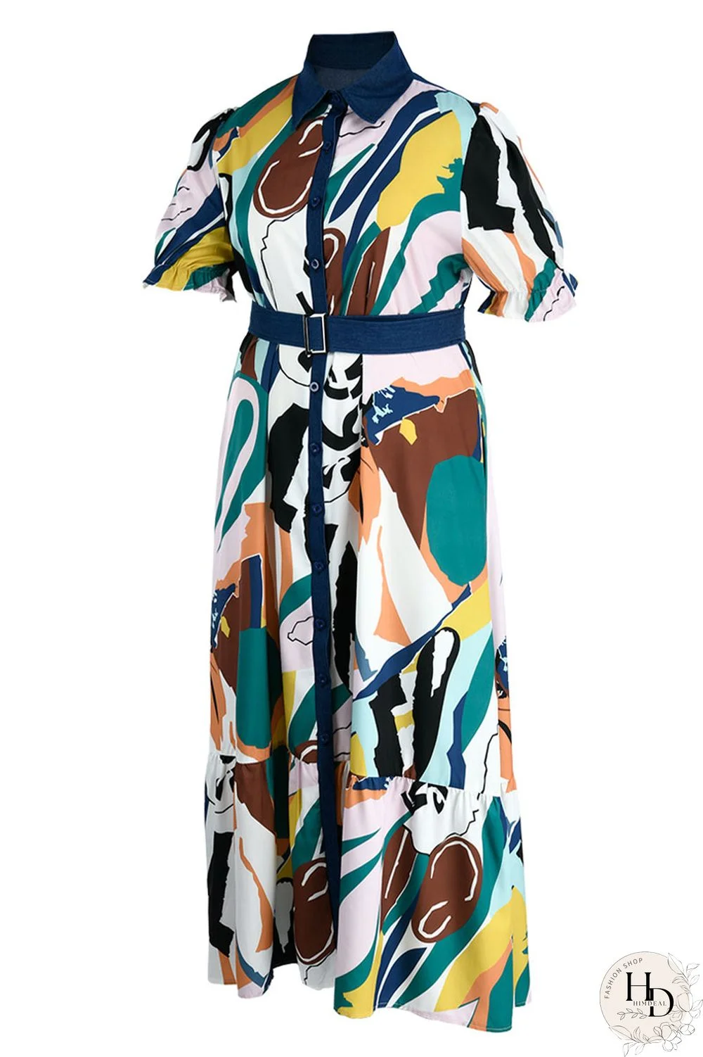 Tangerine Casual Print Patchwork Buckle Turndown Collar Straight Plus Size Dresses