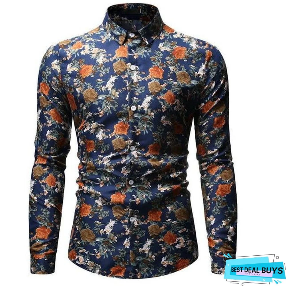 Aliexpress Wish Hong New Style Foreign Trade Men's Wear Fashion Printed Fold-Down Collar Plus-Sized Men's Long-Sleeve Shirt