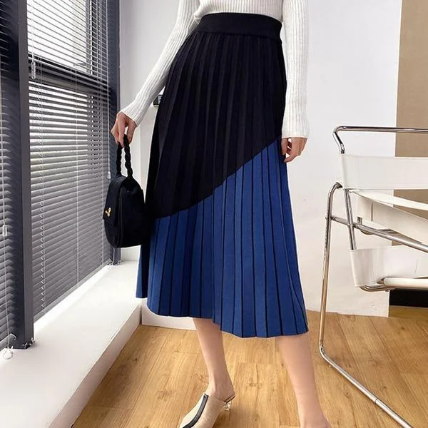 Elegant Empire Waist Contrast Color Patchwork Pleated Skirt