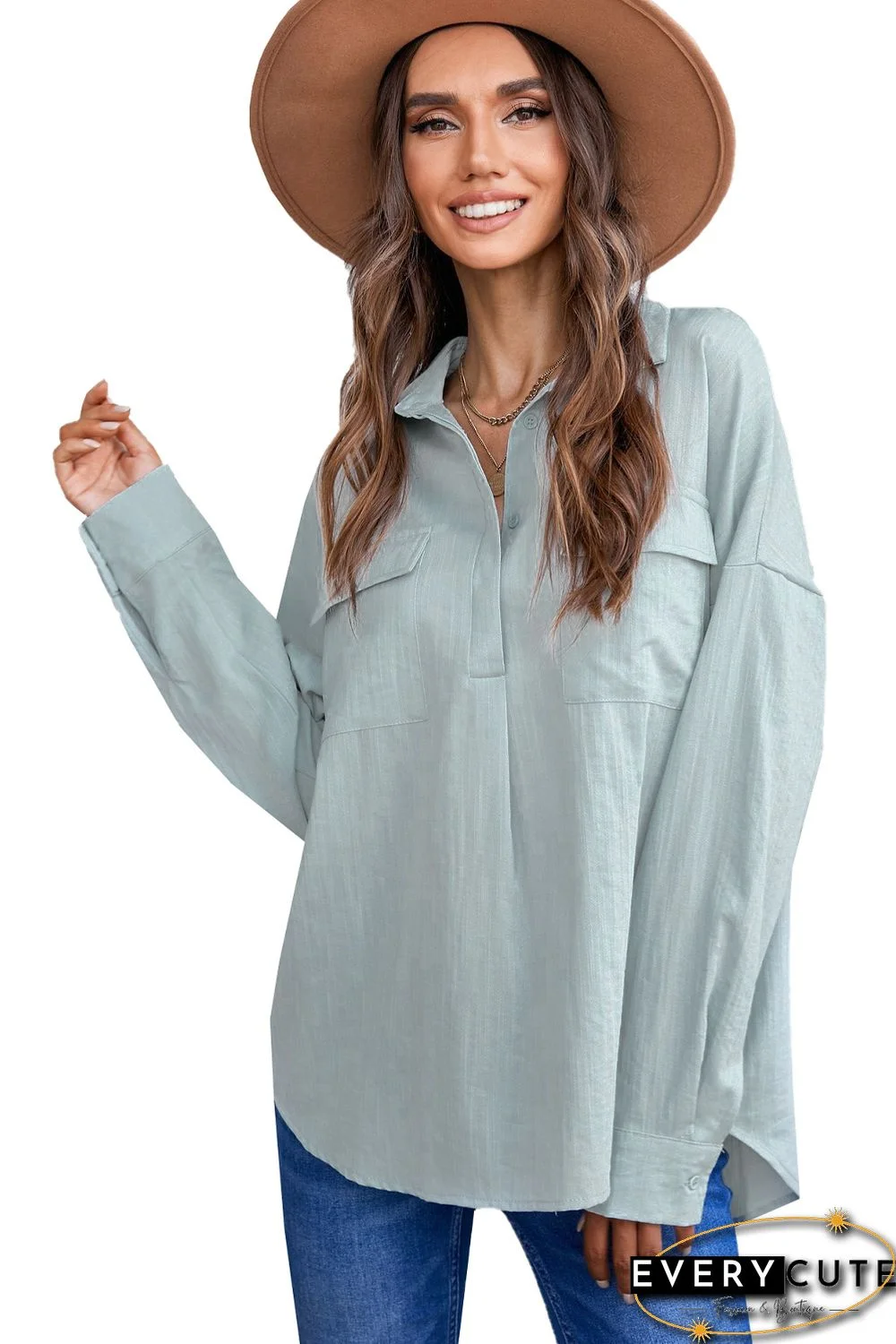 Sky Blue Buttoned Long Sleeve Shirt with Pocket