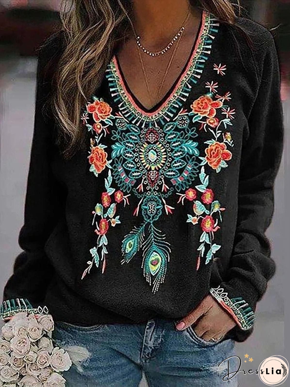 Black V-Neck Floral Print Long Sleeve Shirt
