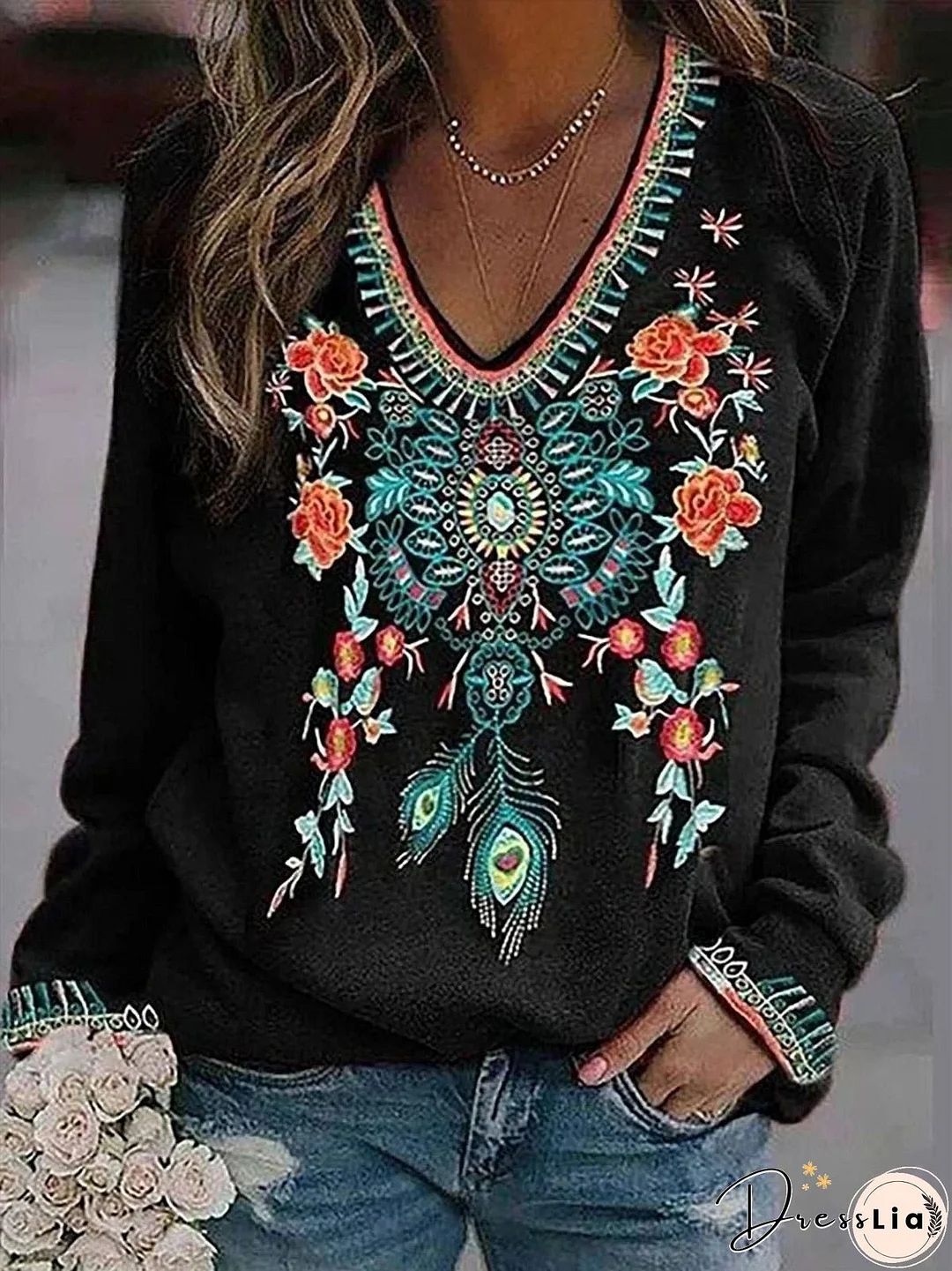 Black V-Neck Floral Print Long Sleeve Shirt