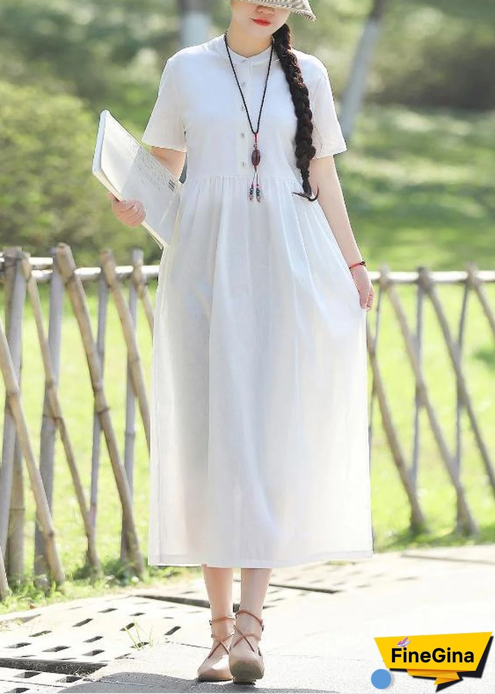 Style white linen quilting dresses tie waist Robe summer Dresses