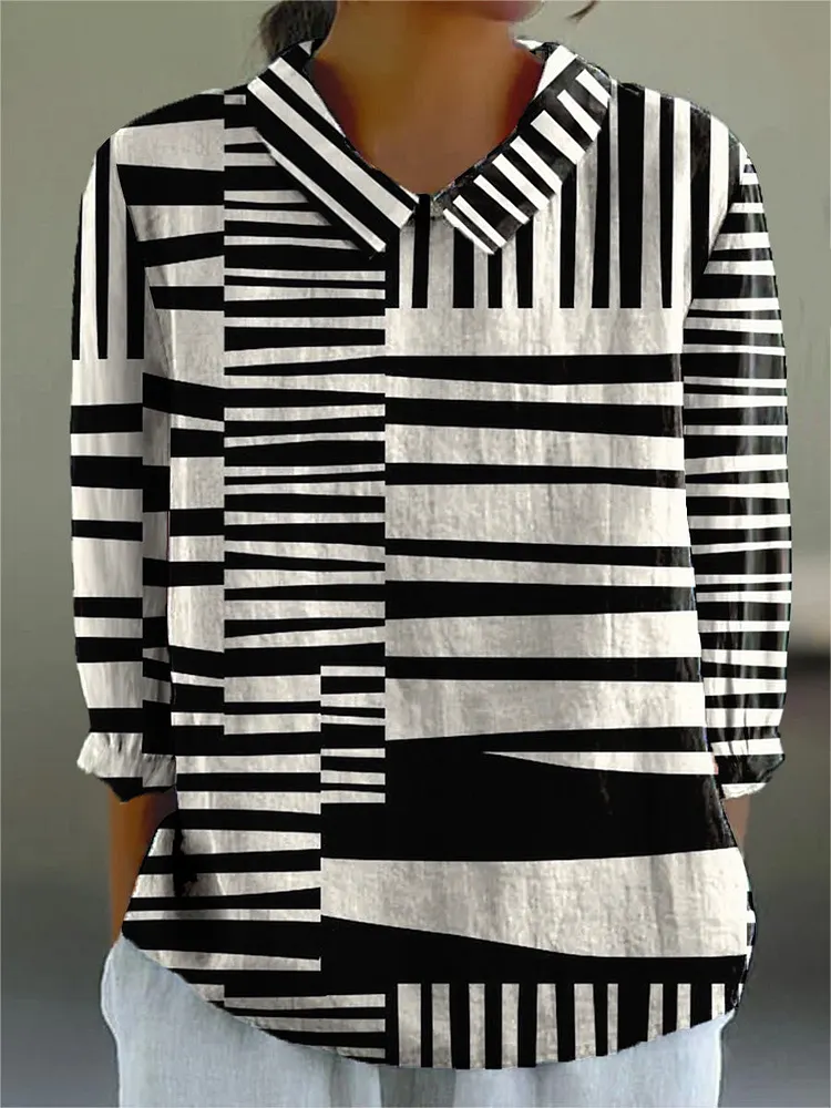 Abstract Strip Pattern Printed Women's Casual Cotton And Linen 3/4 Sleeve Shirt