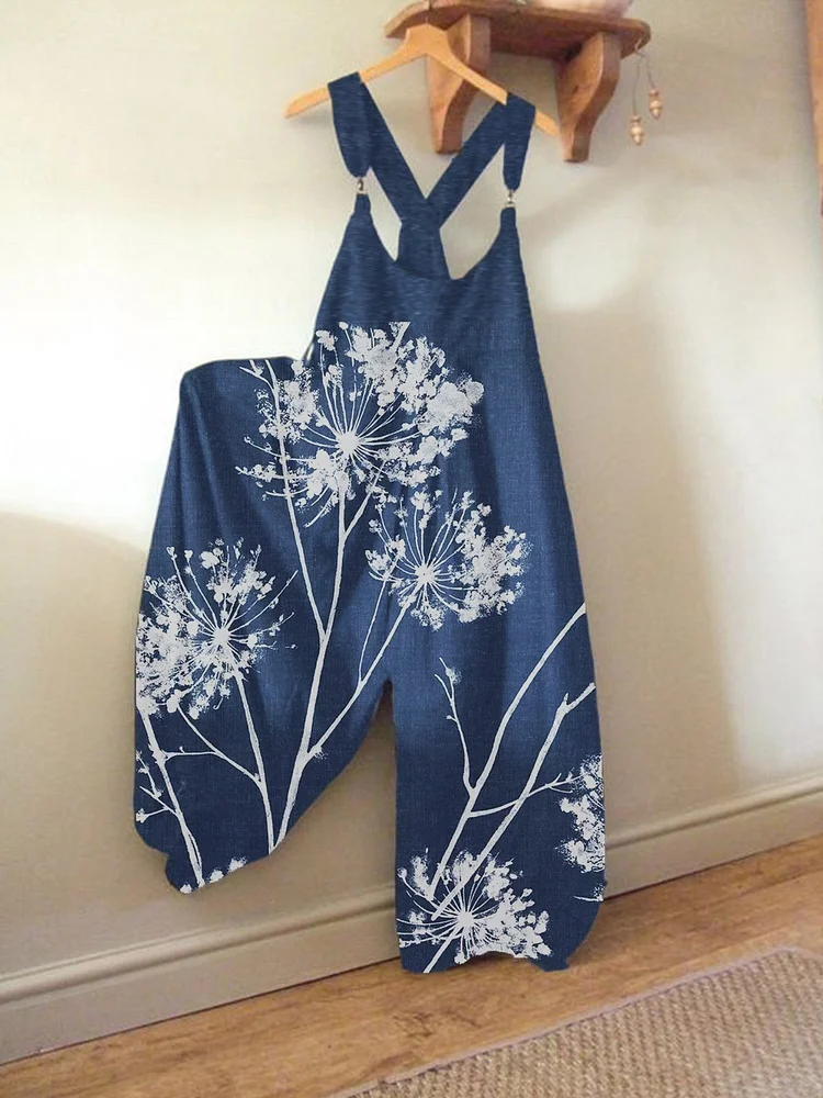 Dandelion print cotton casual overalls