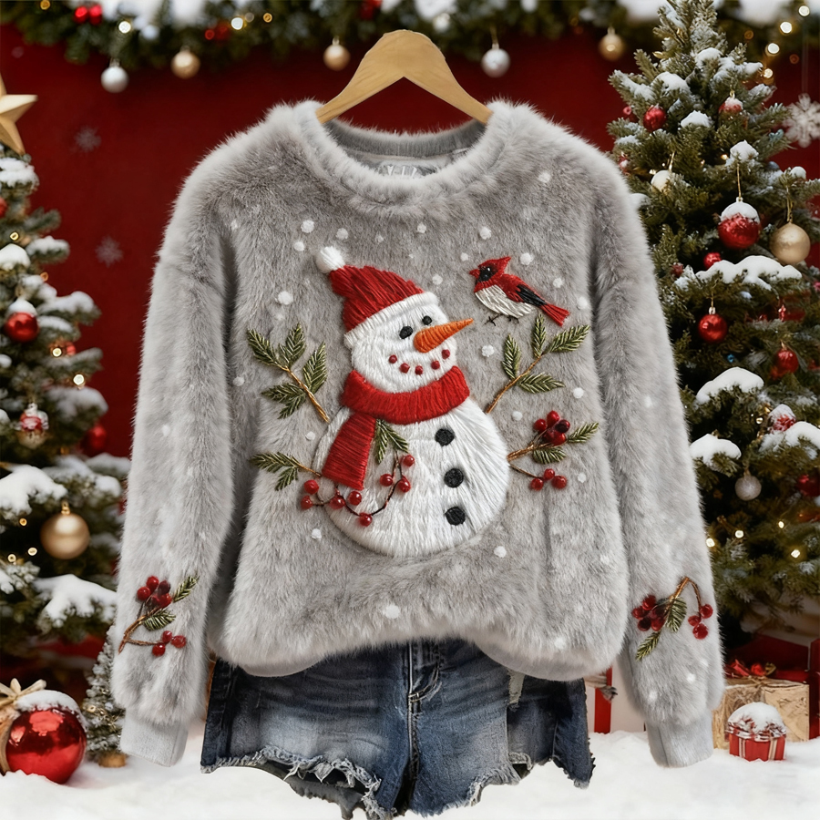 Women's Christmas Snowman Flower And Bird Embroidery Art Plush Sweatshirt elevenforest