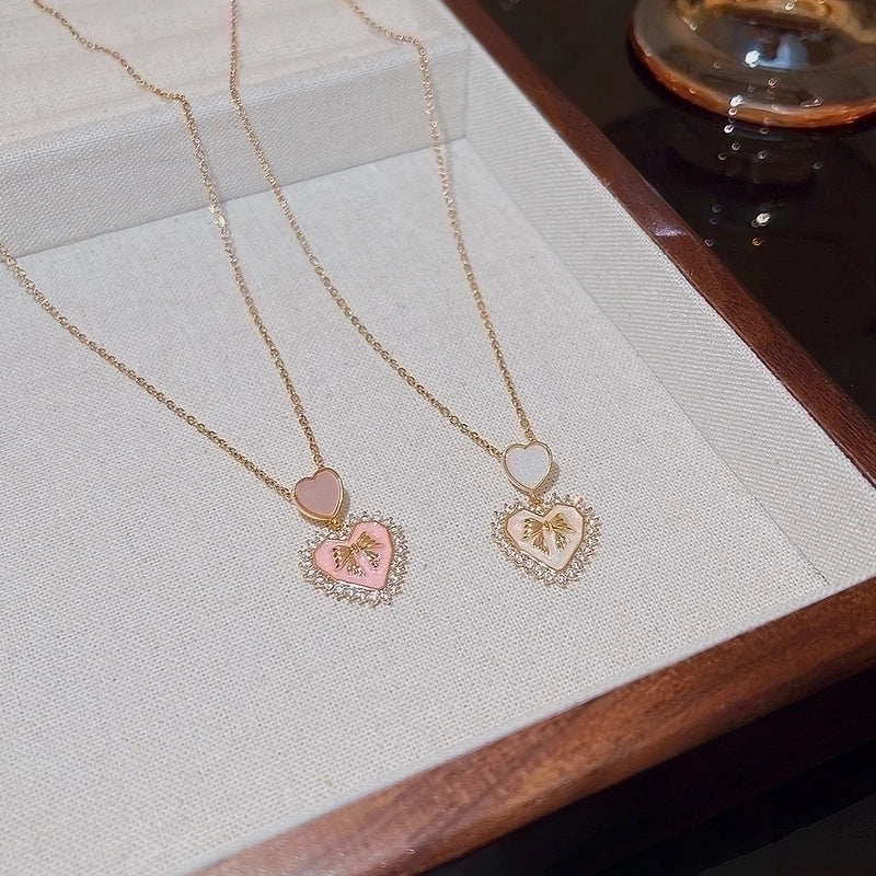 Vintage Style Heart Shape Bow Knot Titanium Steel Plating Pendant Necklace