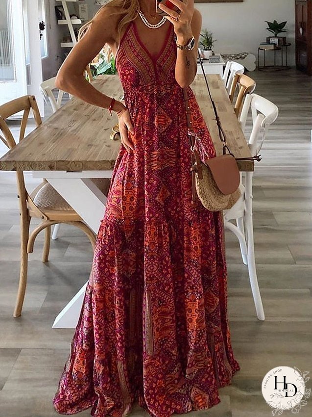 Casual Dress Tank Dress Summer Dress Graphic Pleated Print V Neck Long Dress Maxi Dress Tropical Streetwear Outdoor Holiday Sleeveless Regular Fit Pink Wine Red Summer S M L XL 2XL for Women