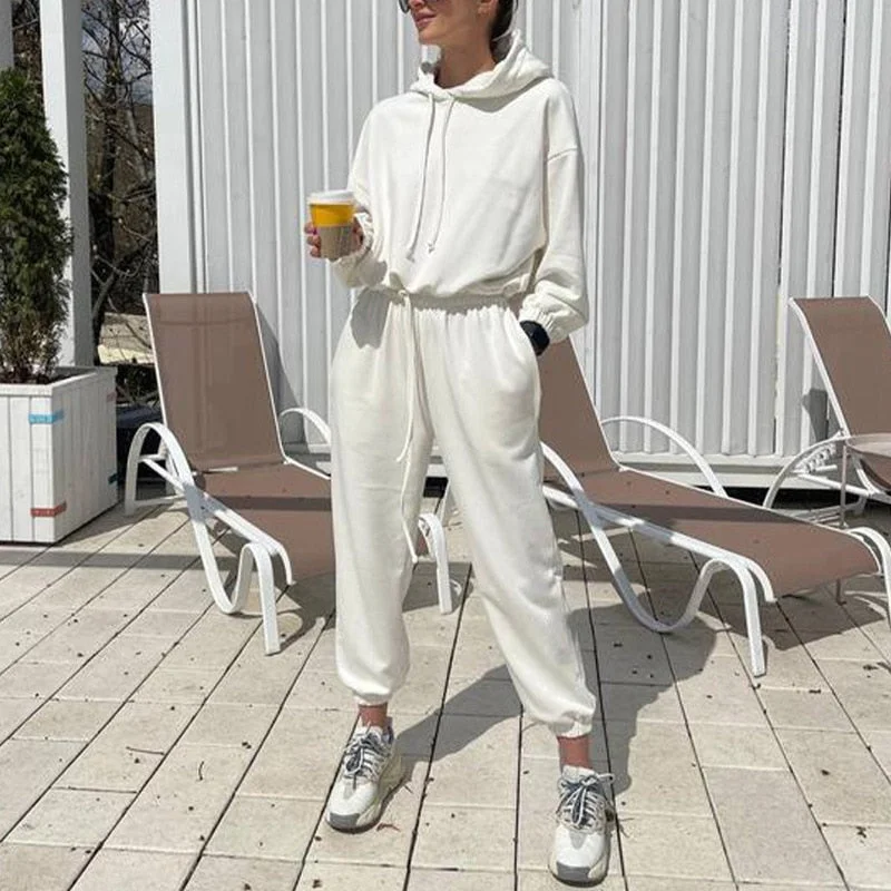 Women Casual Solid Pajama Set Long Sleeve Hoodie Sweatshirts And Drawstring Pant Two Piece Sets Autumn Winter Fashion Tracksuits