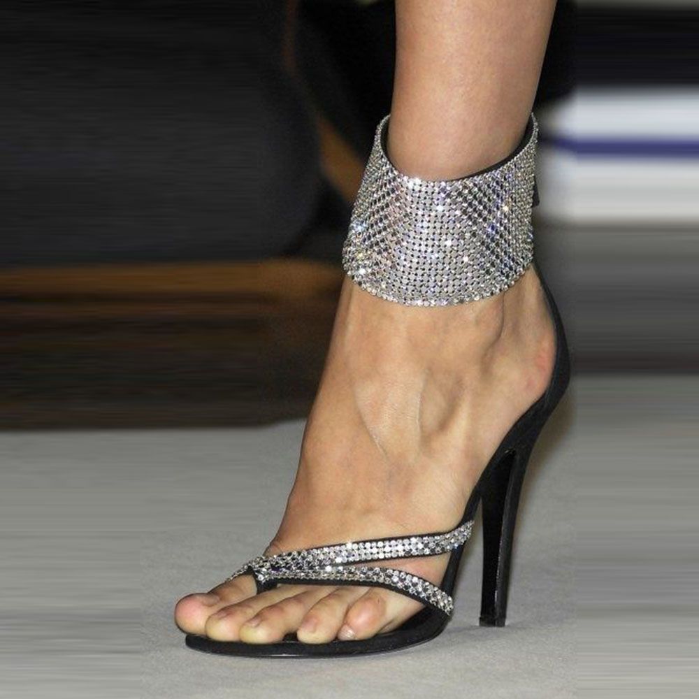 GOOSHOE Silver Rhinestone Ankle Strap Evening Sandals for Prom