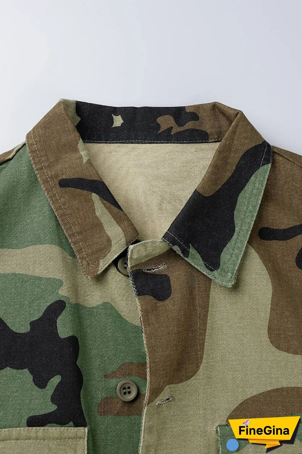 Camouflage Street Camouflage Print Patchwork Buckle Turndown Collar Tops