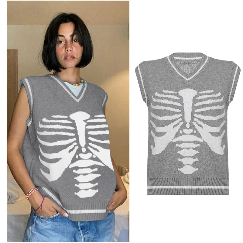 Rapcopter Sweaters Skulls Pullovers V Neck Knitwear Loose Casual Knitted Jumpers Women Streetwear Retro Tops Autumn Winter Cute