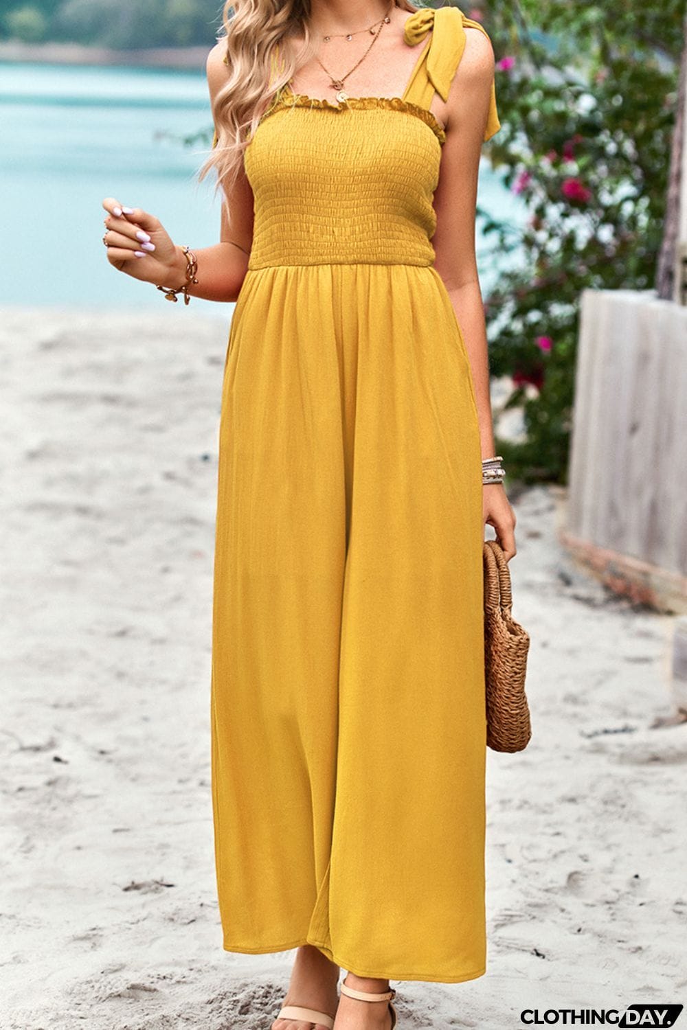 Frill Trim Tie Shoulder Wide Leg Jumpsuit with Pockets