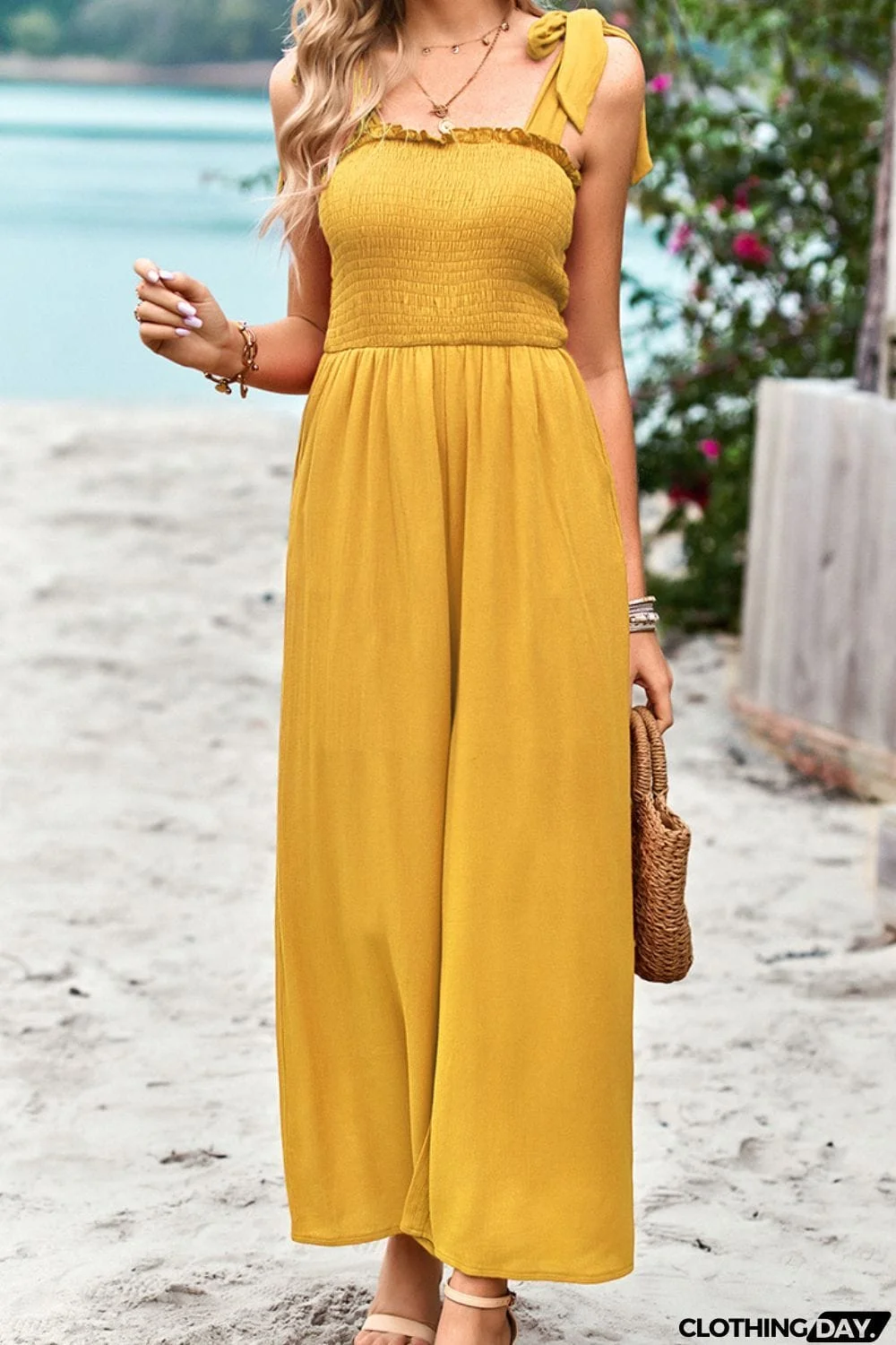 Frill Trim Tie Shoulder Wide Leg Jumpsuit with Pockets