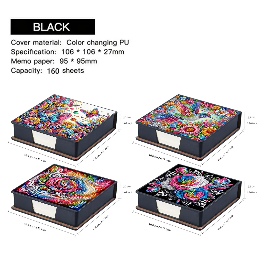 4pcs Flower Bird PU DIY Diamond Painting Kit Note Box with 160 Papers for Office