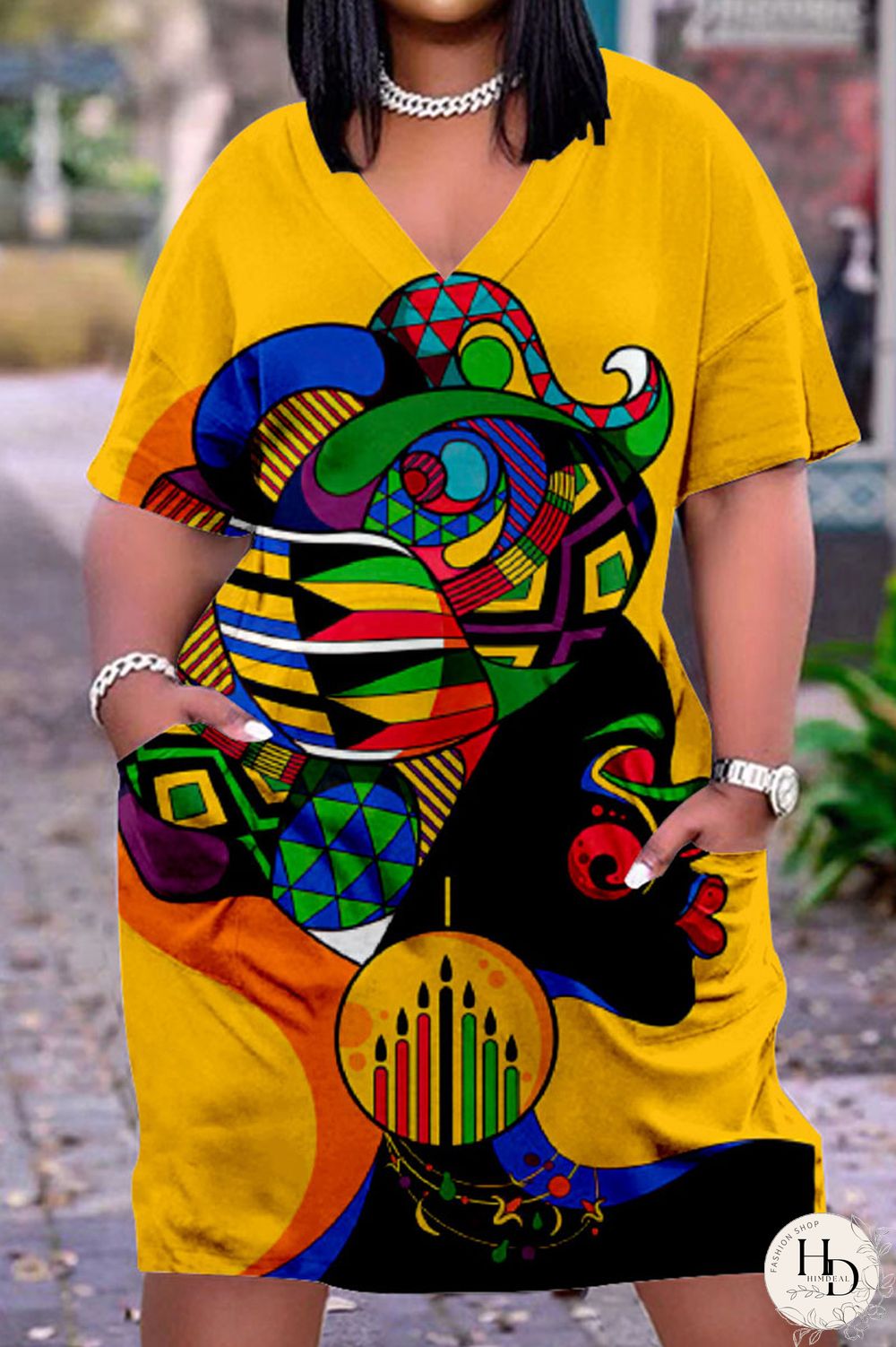 Multicolor Casual Street Print Patchwork V Neck Straight Dresses