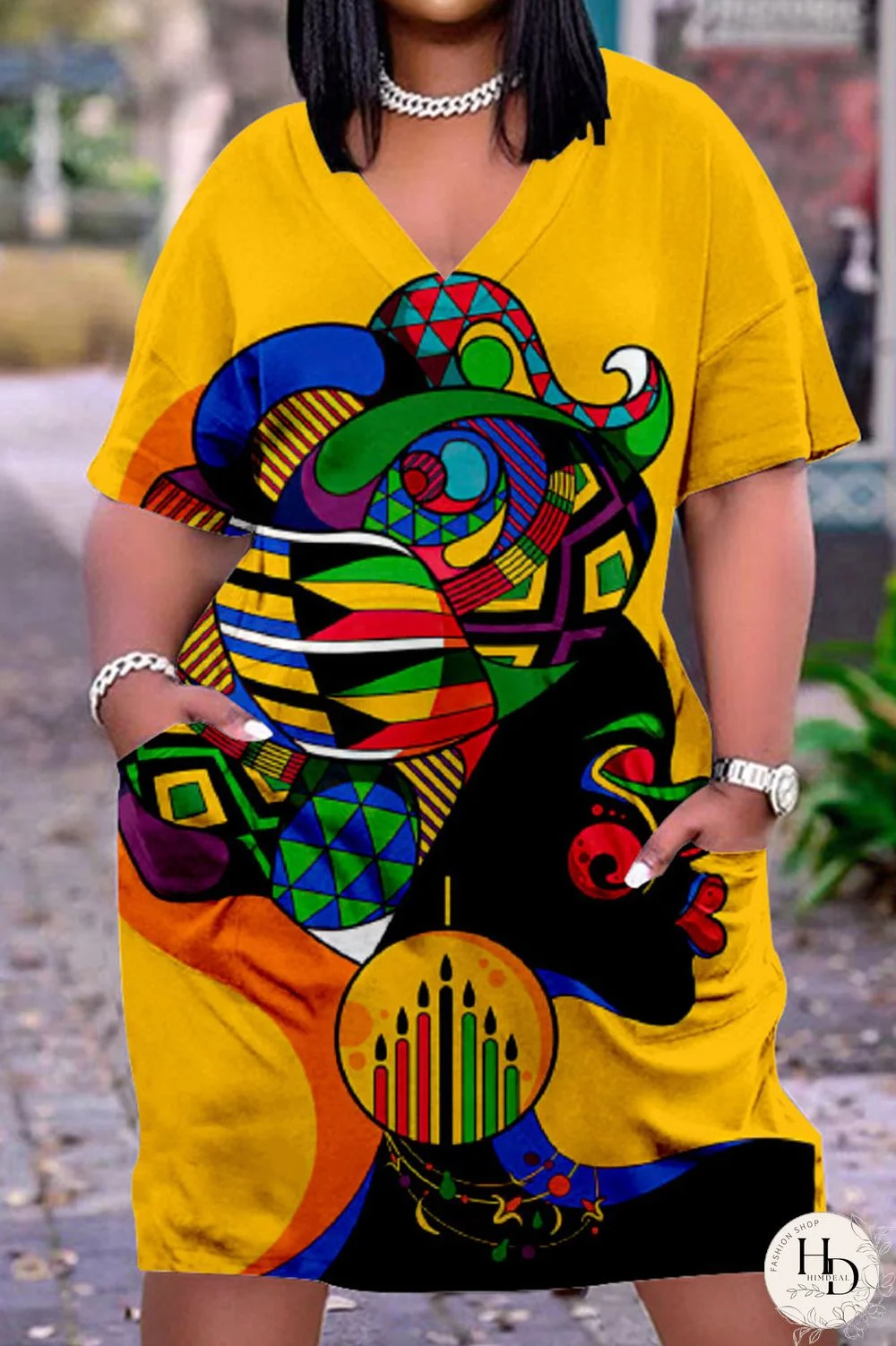 Yellow Casual Street Print Patchwork V Neck Straight Dresses