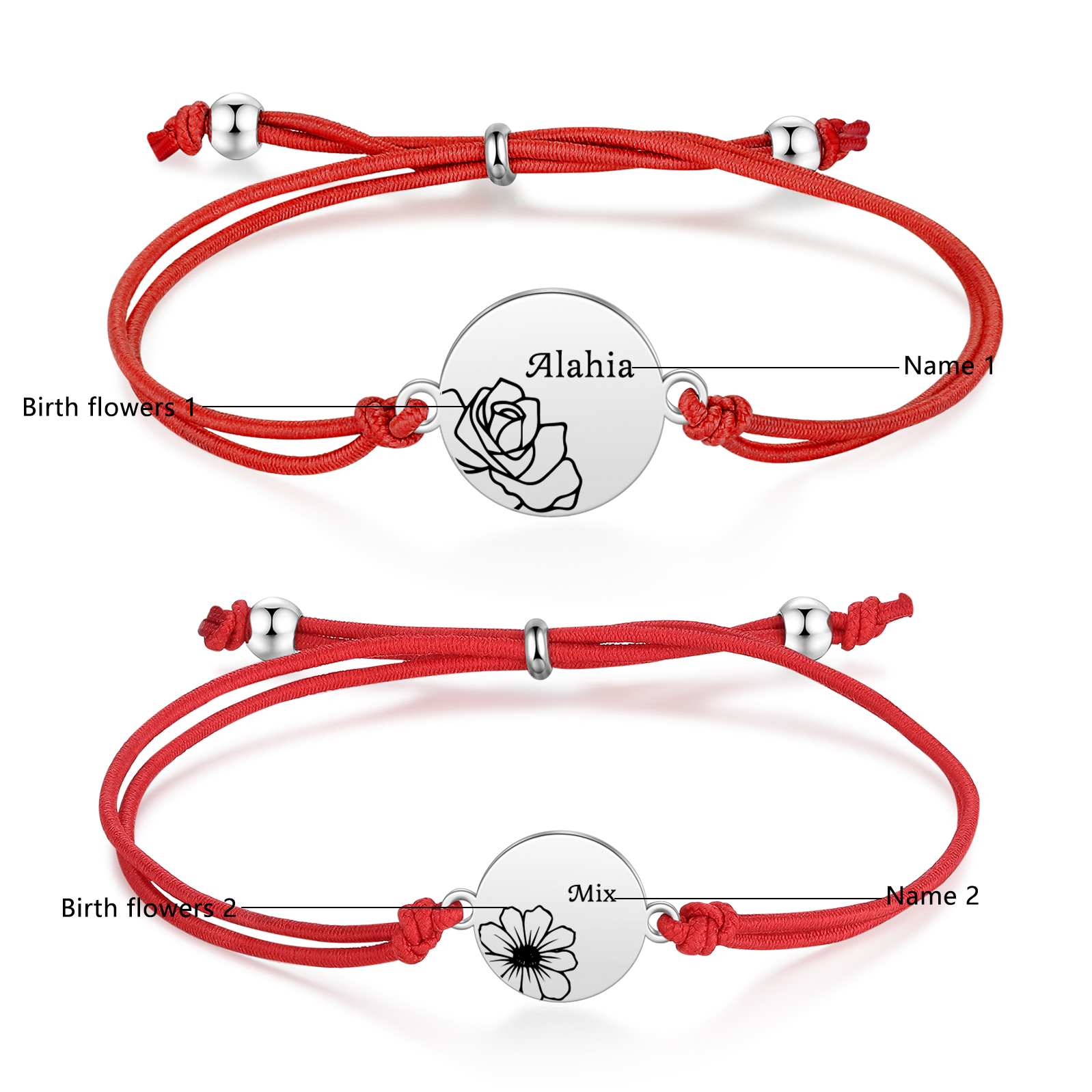 2 Pcs Bracelet Set Personalised Names & Birth Flowers Adjustable Bracelets with Message Card Back to School Gifts for Daughters-Jessemade AU