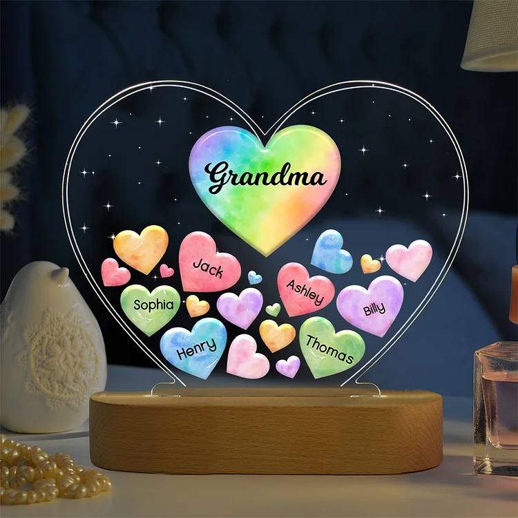 Personalisierte 6 Namen & Text Herz Familie Nachtlicht Geschenk für Großmutter/Mutter zum Muttertag