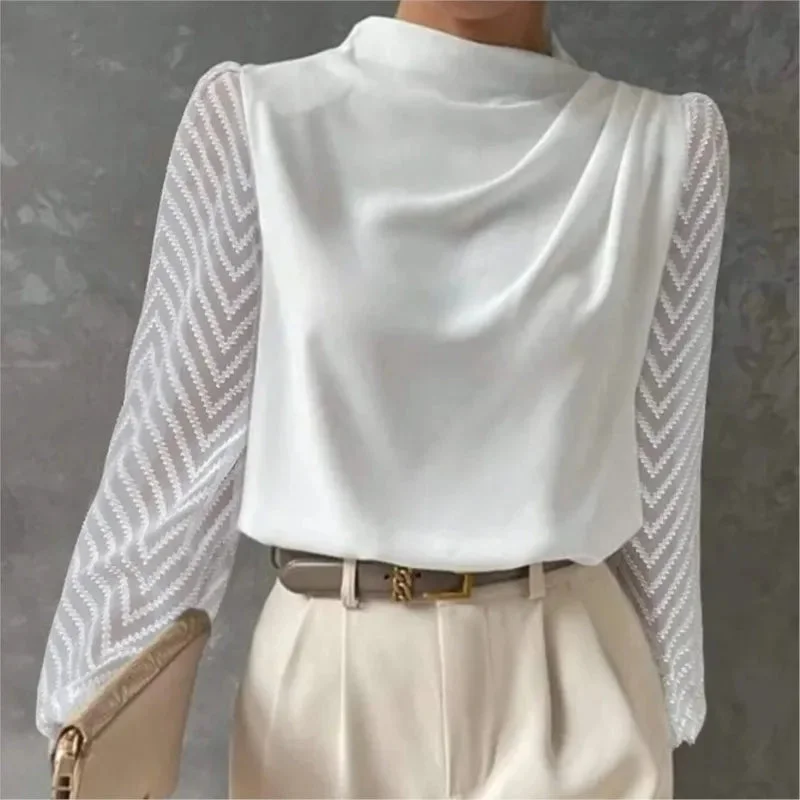 Huiketi Women's Shirt Fashion White Chiffon Blouse Spring Autumn Lace Long Sleeve Folds Loose Black Tops Office  Women Elegant Clothing