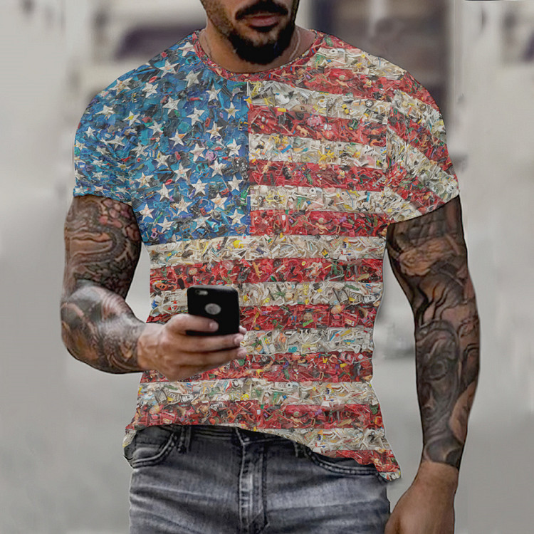 Flag of the US Pattern Summer Vintage Casual Short Sleeve Mens T-Shirts at Hiphopee