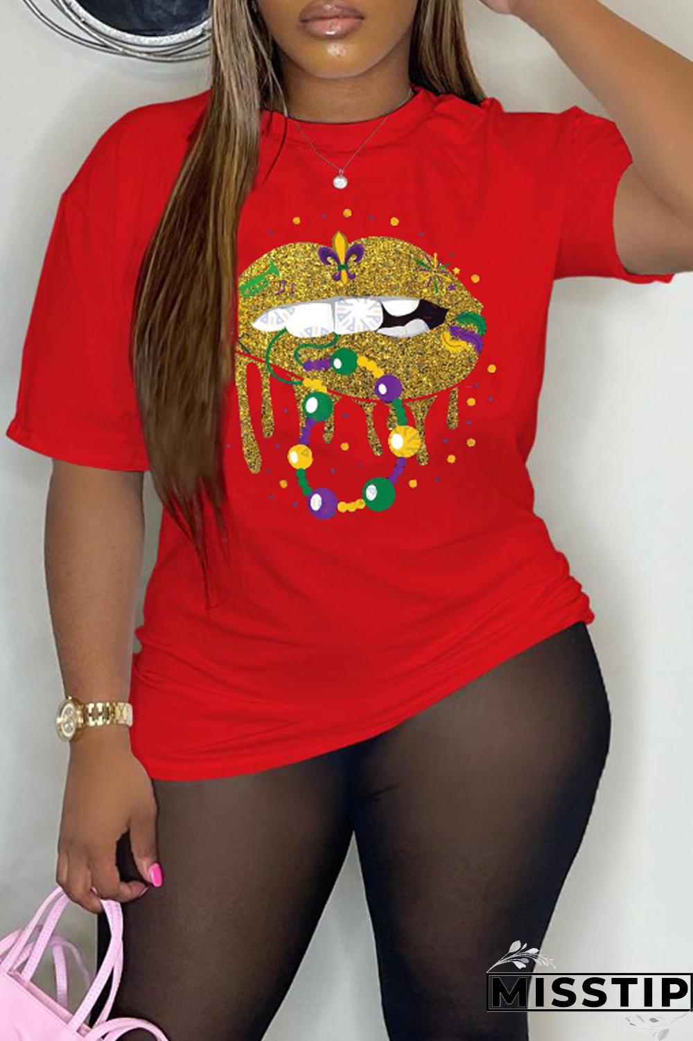 Red Party Vintage Lips Printed Patchwork O Neck T-Shirts