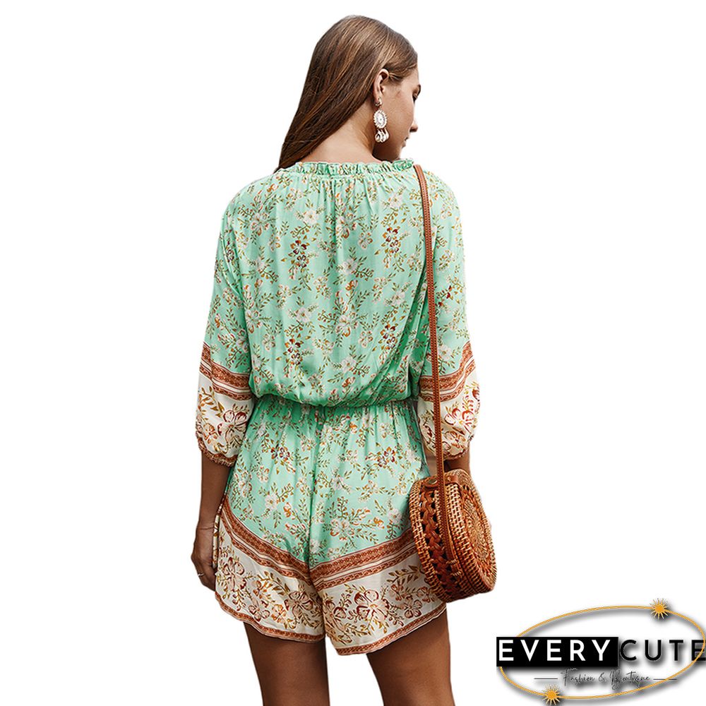 Light Green Bohemia Print V Neck Casual Romper