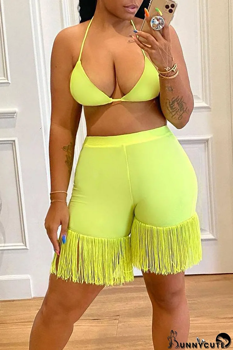Fluorescent Green Sexy Solid Tassel Split Joint Halter Sleeveless Two Pieces