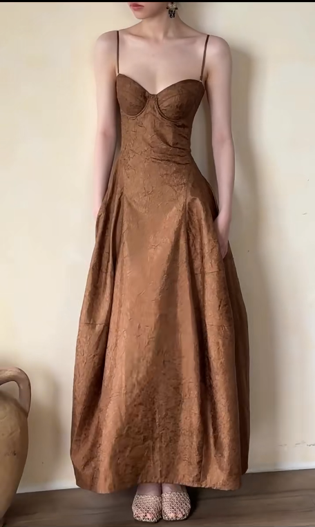Brown Simple Elegant Formal Long Satin Prom Dress