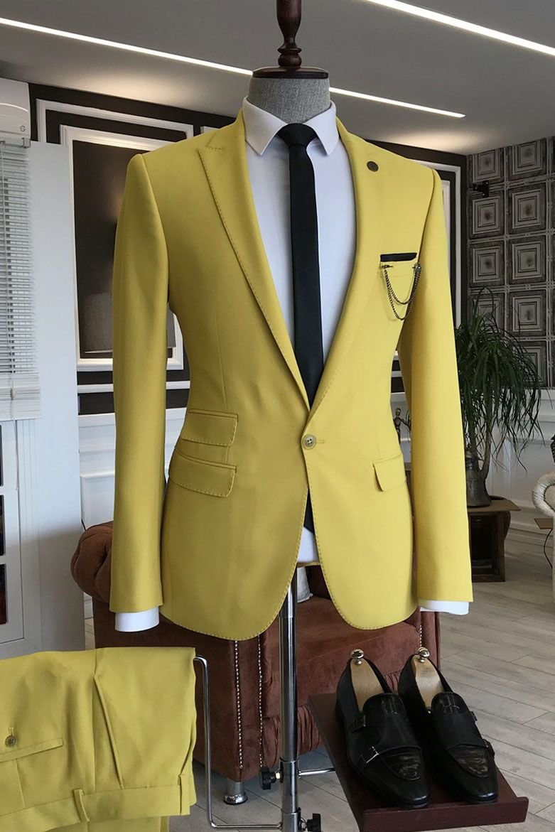 Peaked Lapel Formal Yellow 3 Flaps Groom Suit With One Button | Ballbellas Ballbellas