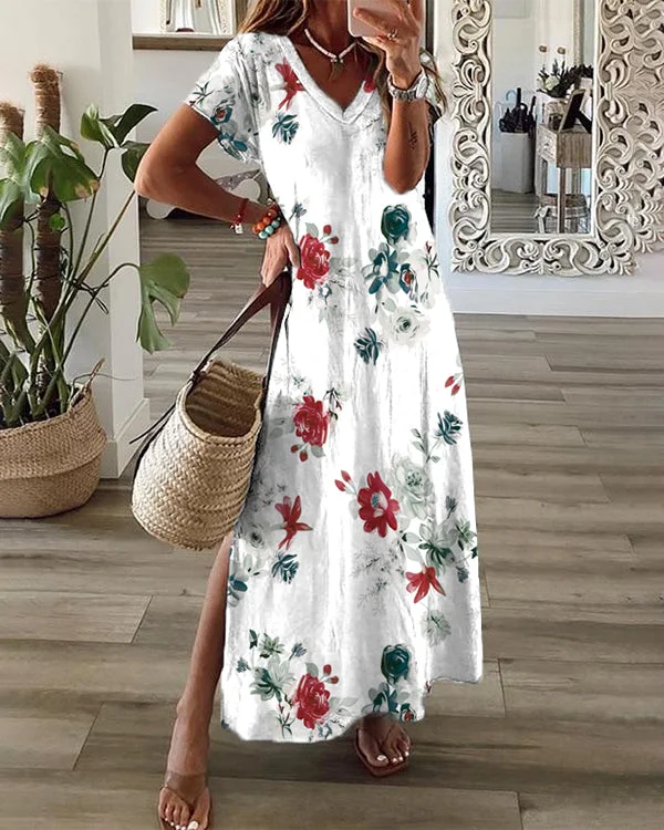 V-Neck Casual Short Sleeve Print Dress