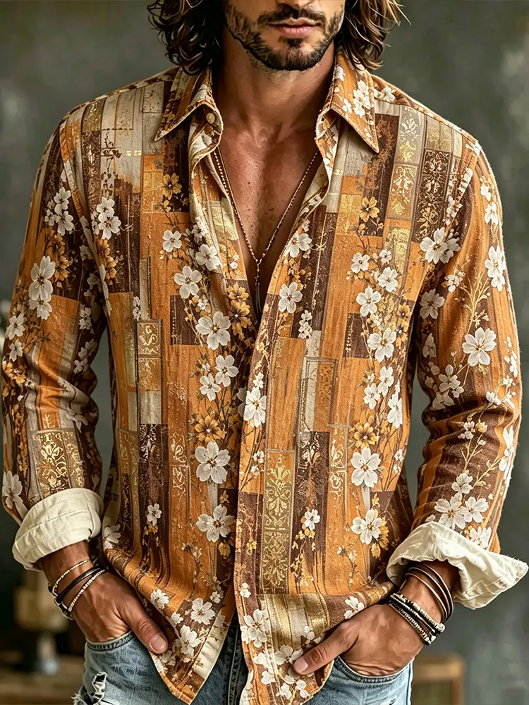 Men's Retro Bohemian Wood Grain White Floral Pattern Button-up Shirt  artssus