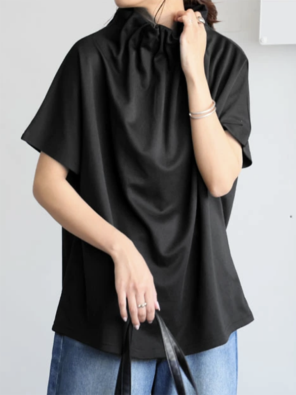 Loose Short Sleeves Solid Color Stand Collar T-Shirts Tops