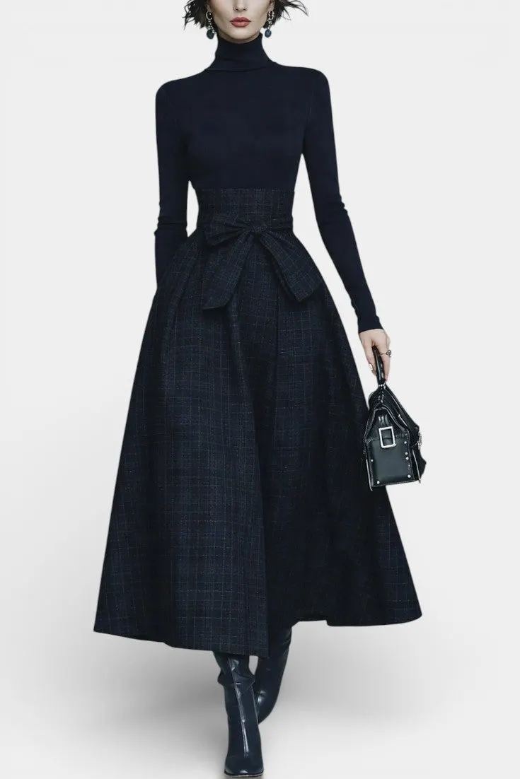 High-Neck Mock Top with Belted Plaid Skirt Set