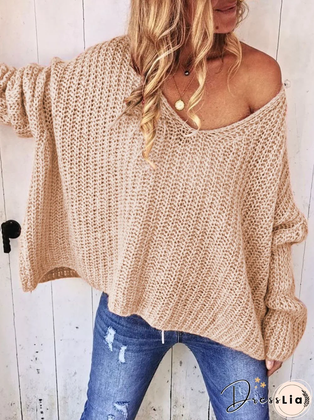 Casual V Neck  Long Sleeve Solid Sweater