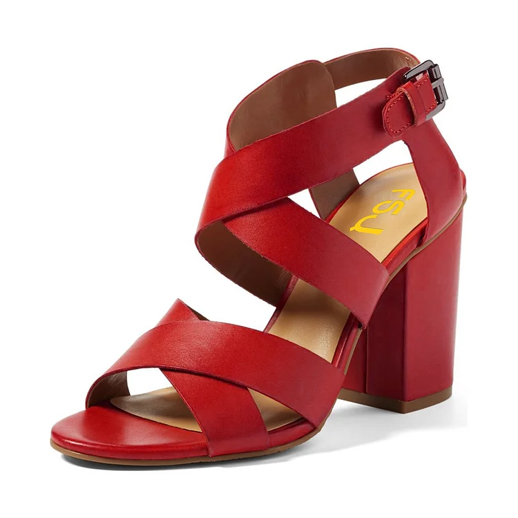 Red Buckle Chunky Heels Sandals Open Toe Cross over Slingback Sandals |FSJ Shoes