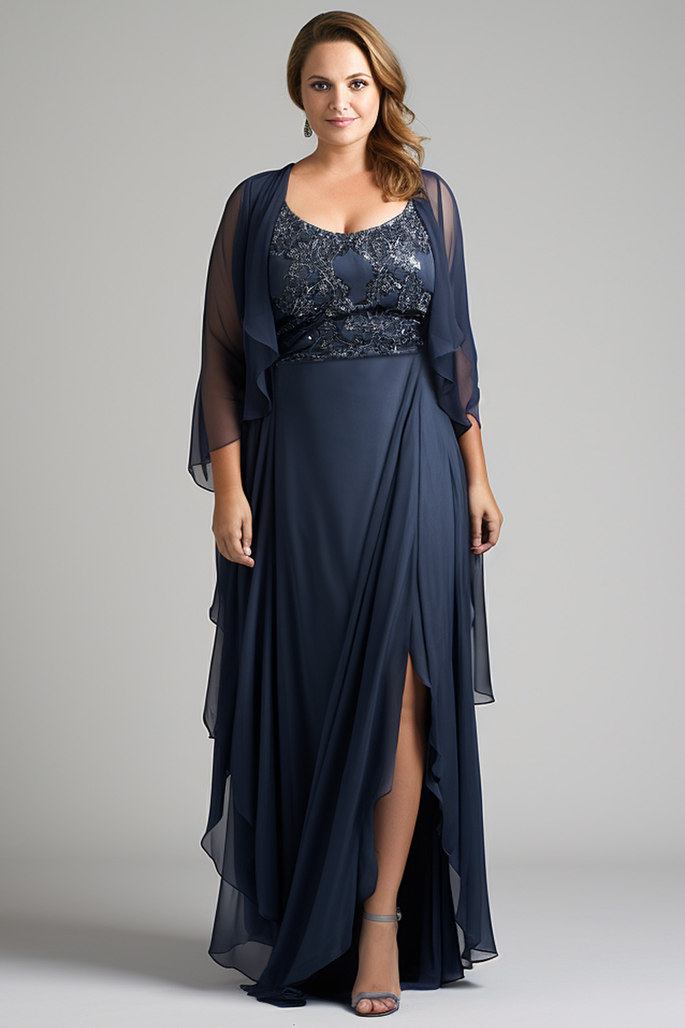Flycurvy Plus Size Christmas Mother Of The Bride Navy Blue Chiffon Embroidery Irregular Hem Two Pieces Maxi Dress With Jacket 2024 - Flycurvy 